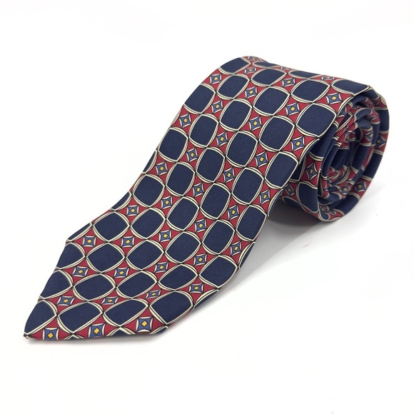 Polo Ralph Lauren Vintage Silk Tie Blue Red Yellow Cream Geometric Made In USA - Picture 1 of 8